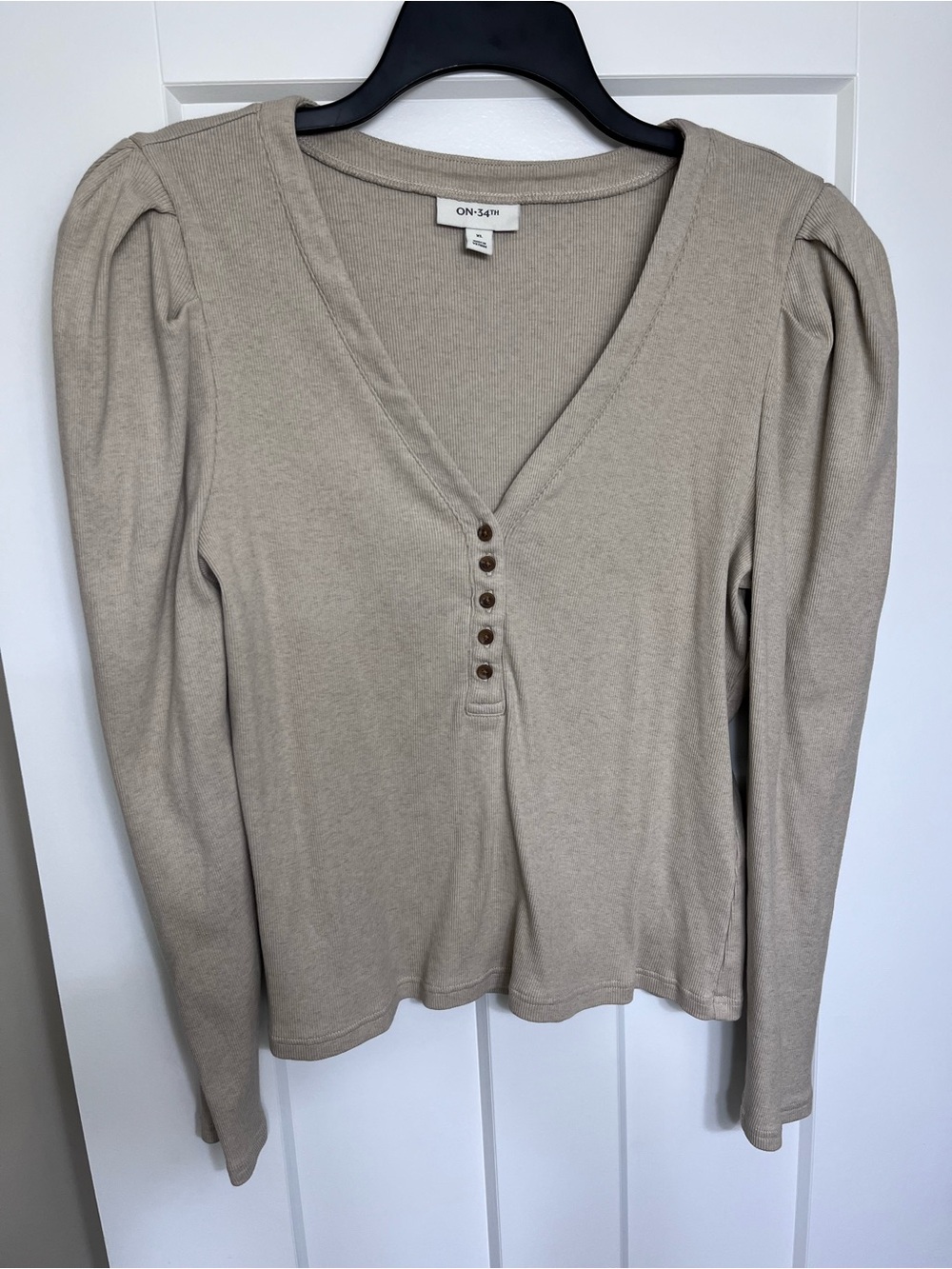 On 34th Taupe V-Neck Long Sleeve Button Henley Top